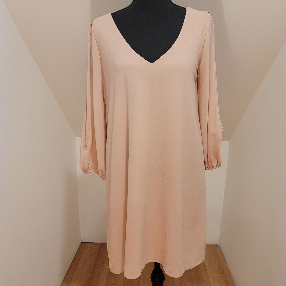 Lulus Shifting Dears Blush Pink V-Neck Split Sleeve Coquette Dress, Size Small